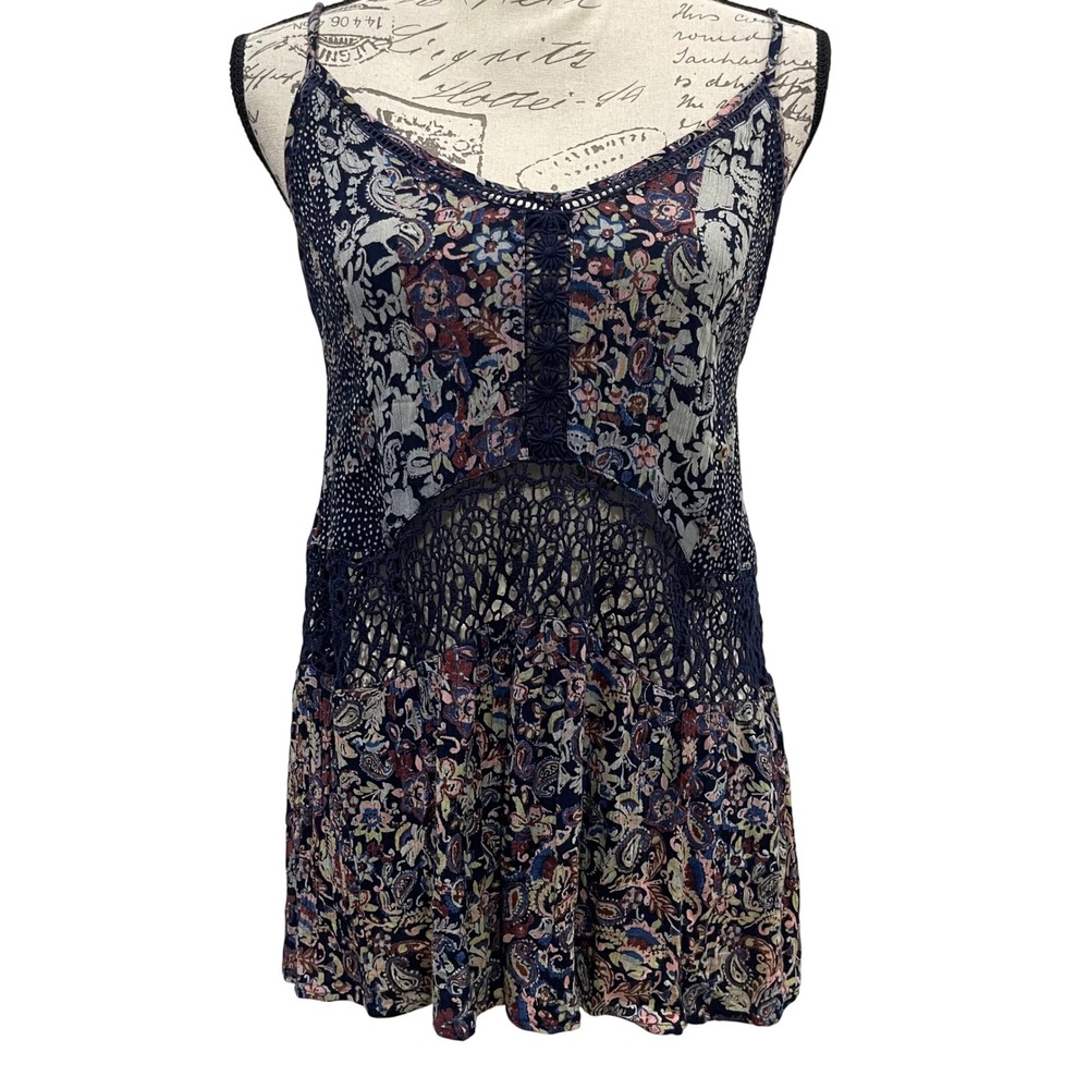 Daytrip Camisole Womens Small Navy Blue Paisley Crochet Boho Mixed Print Peasant